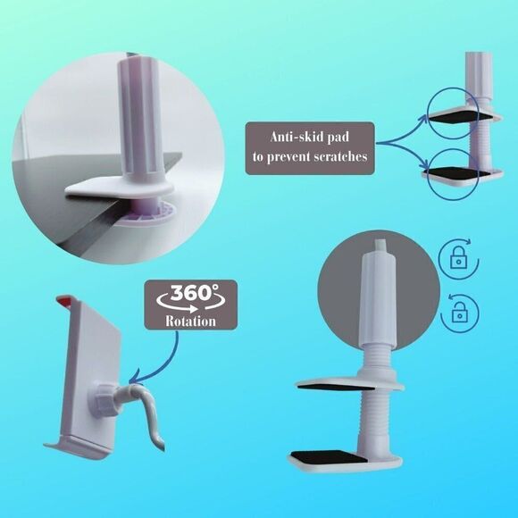 Universal Cell Phone Holder Bracket Clamp, Gooseneck Bed Table Desk Stand, White - Picture 4 of 6